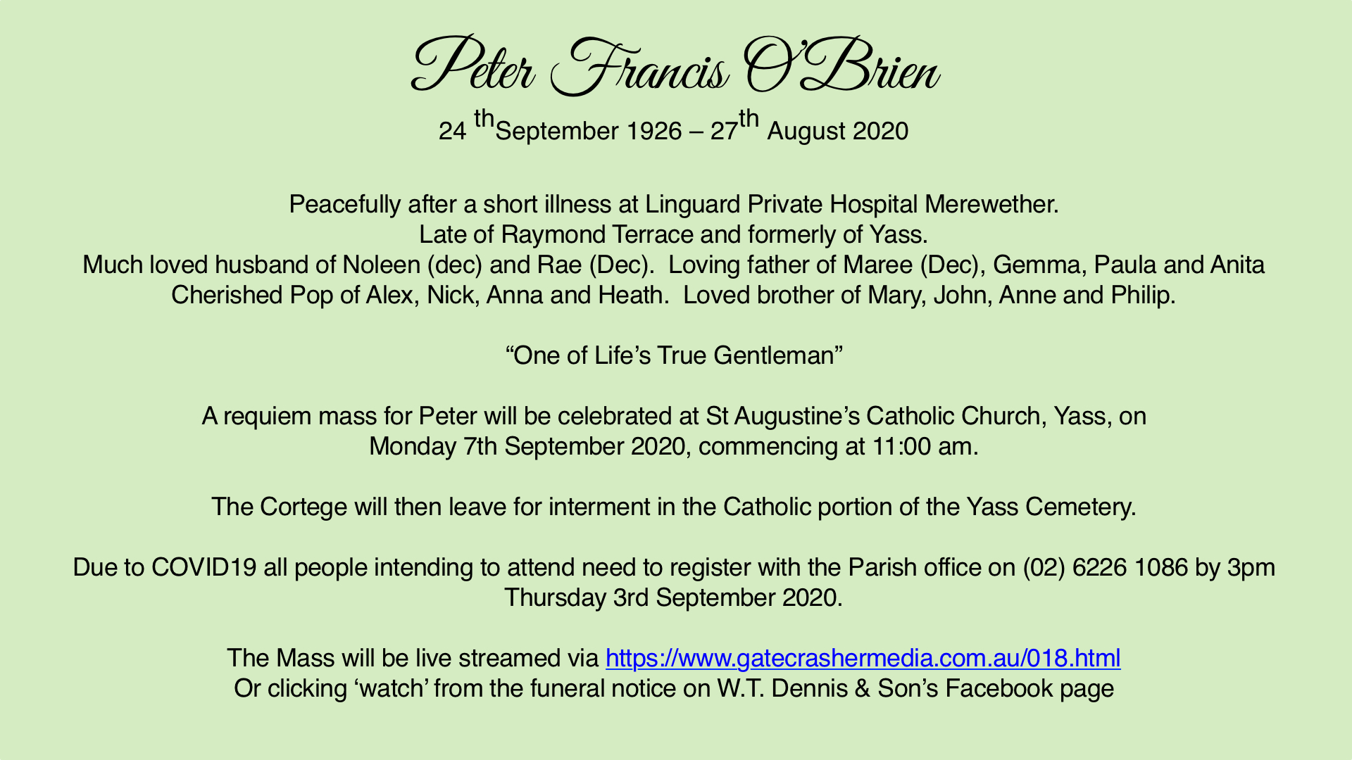 Peter O’Brien’s Death and Funeral Notice – W. T. Dennis and Son