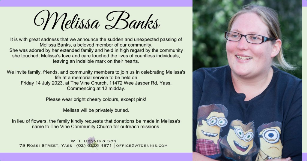 Melissa Banks
It is with great sadness we announce the sudden death of Melissa Banks, a beloved member of our community.