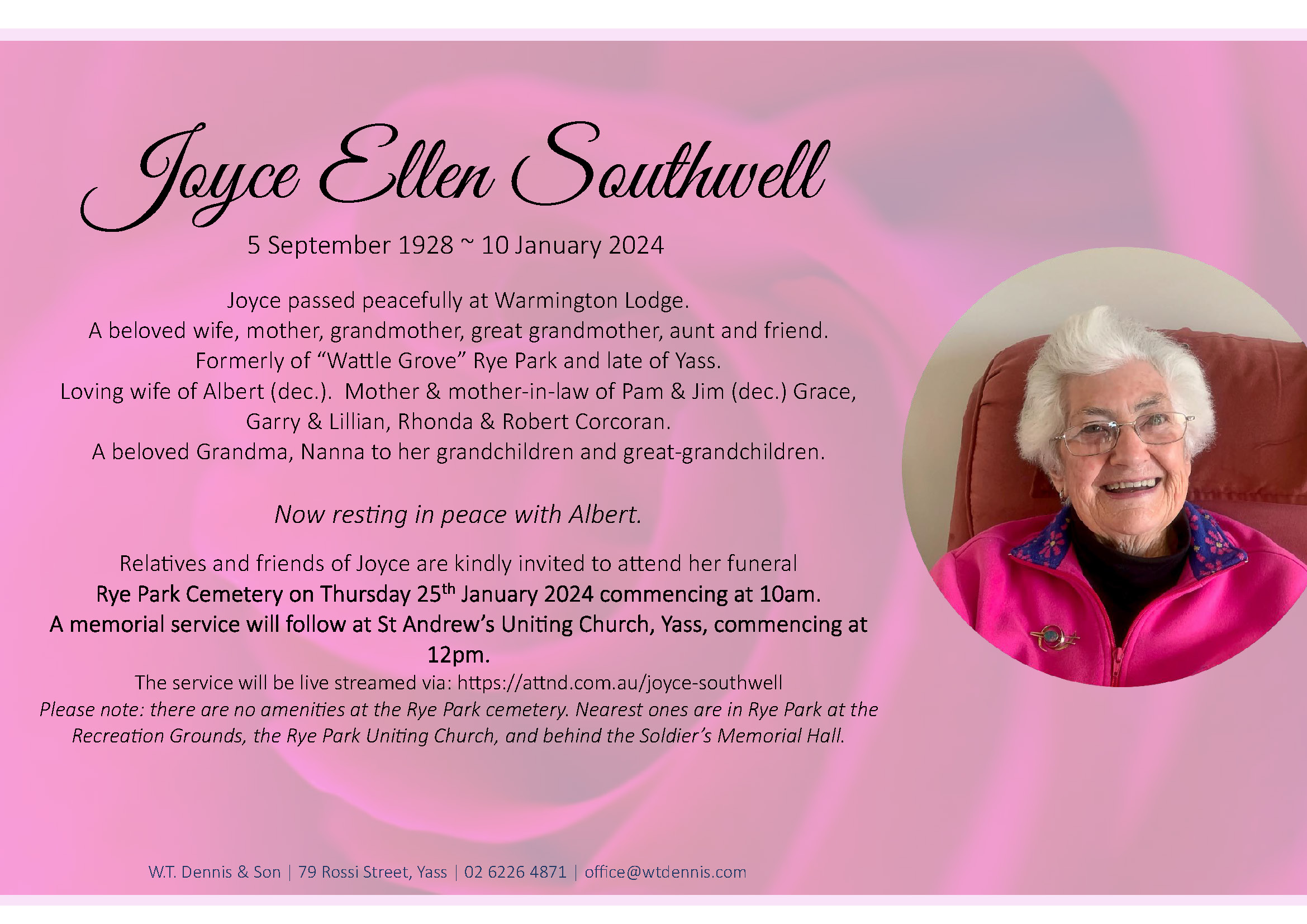 In loving memory of Joyce Southwell – W. T. Dennis and Son
