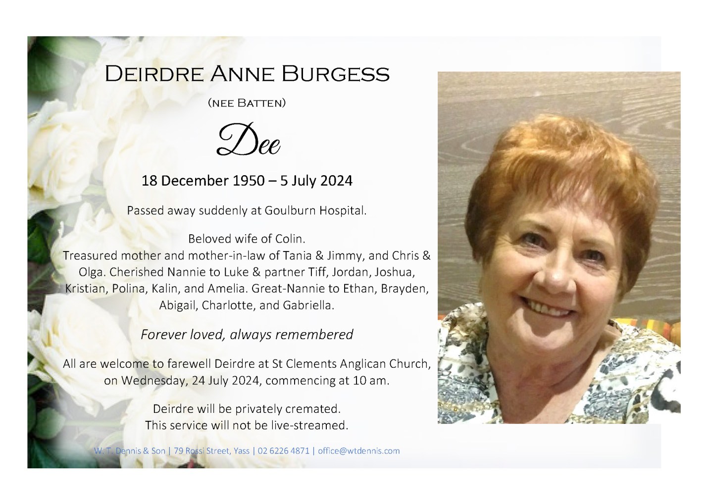 In loving memory of Deirdre Burgess – W. T. Dennis and Son