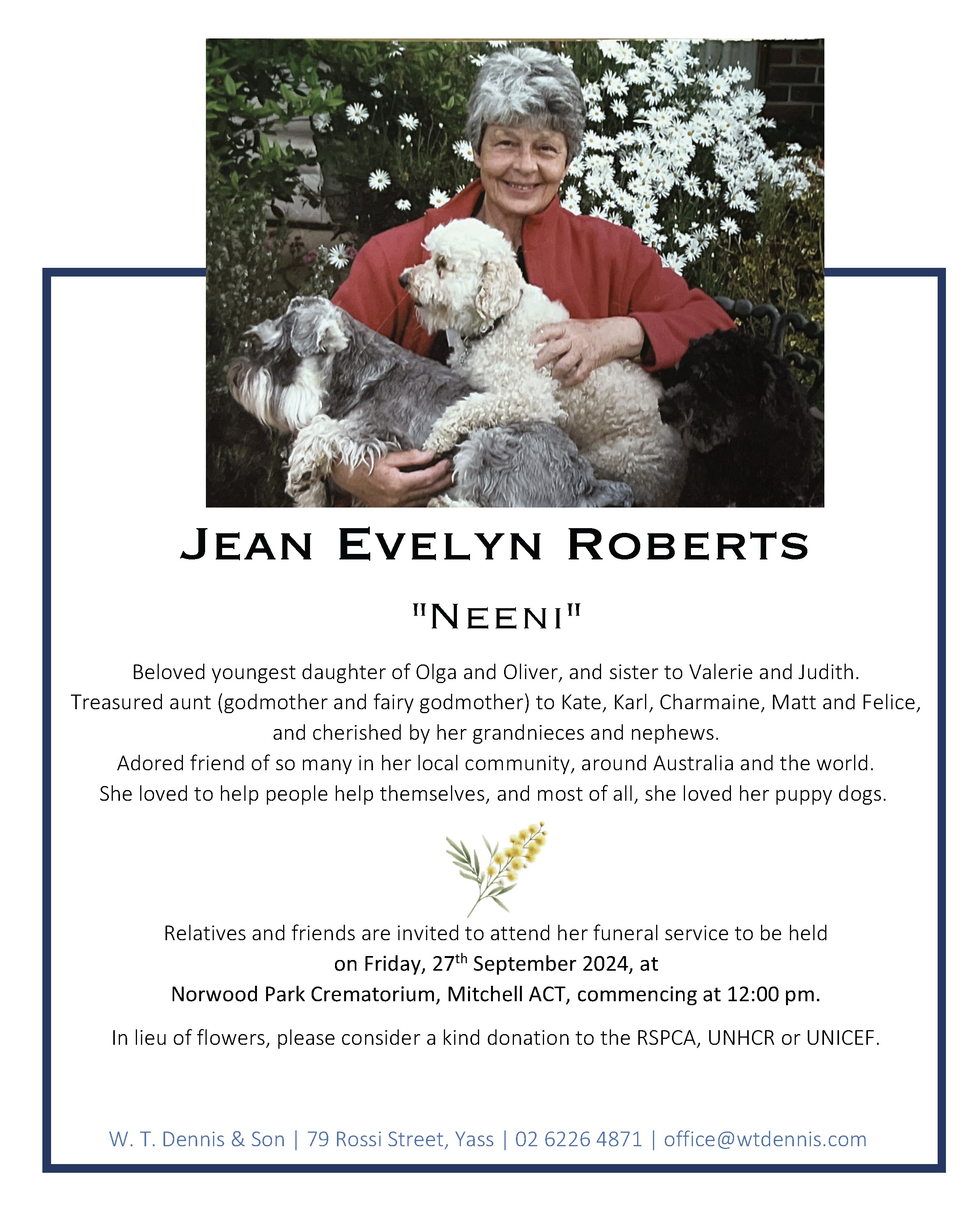 Jean Reed Roberts In loving memory of Jean Roberts – W. T. Dennis and Son