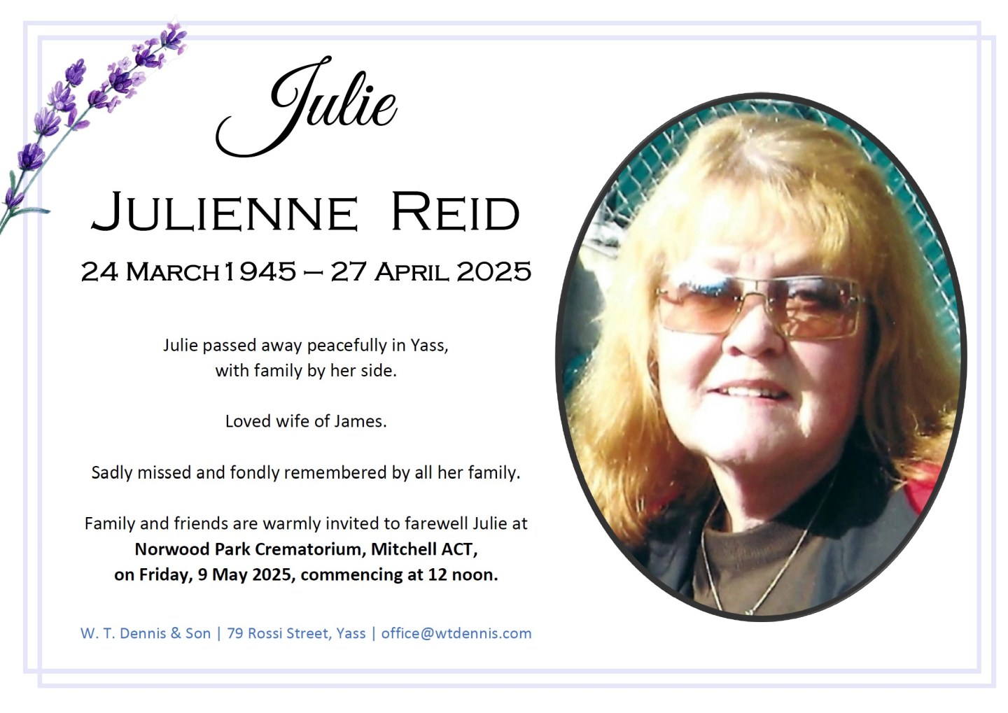 In loving memory of Julie Reid – W. T. Dennis and Son