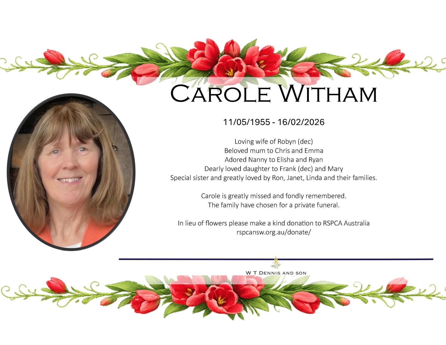 In Loving Memory of Carole Witham – W. T. Dennis and Son