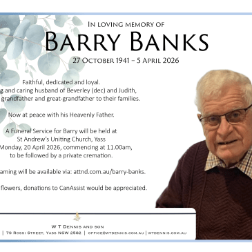 Death and funeral notice for Barry Banks