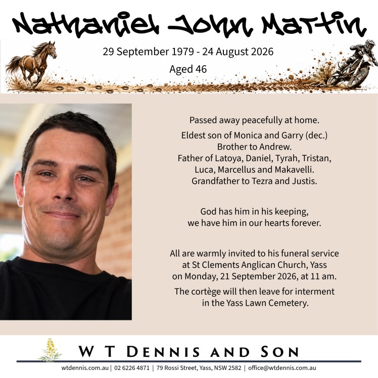 Memorial card for Nathaniel John Martin, detailing his birth and death dates, family relations, and funeral service information.